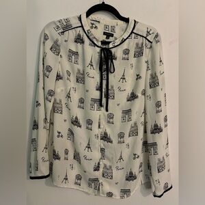 Talbots‎ Womens Sz Sm Long Sleeve Paris Print Tie Neck Blouse Black White Office